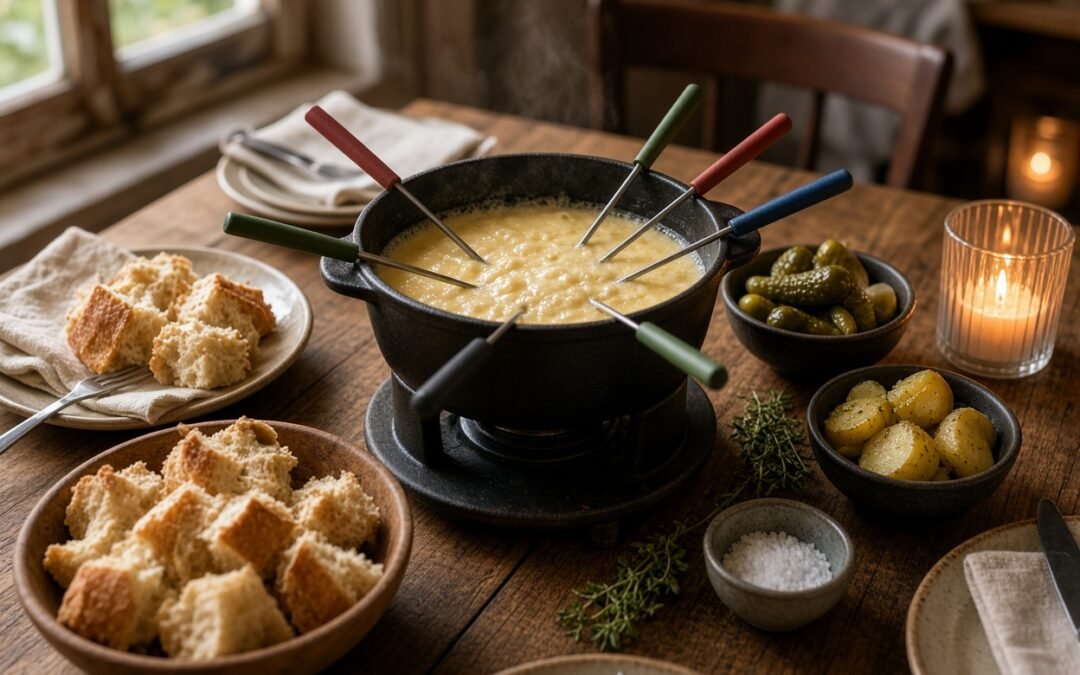 Gedeckter Tisch mit Gusseisen-Fondue-Set und schmelzendem Käse für einen gemütlichen Fondue-Abend
