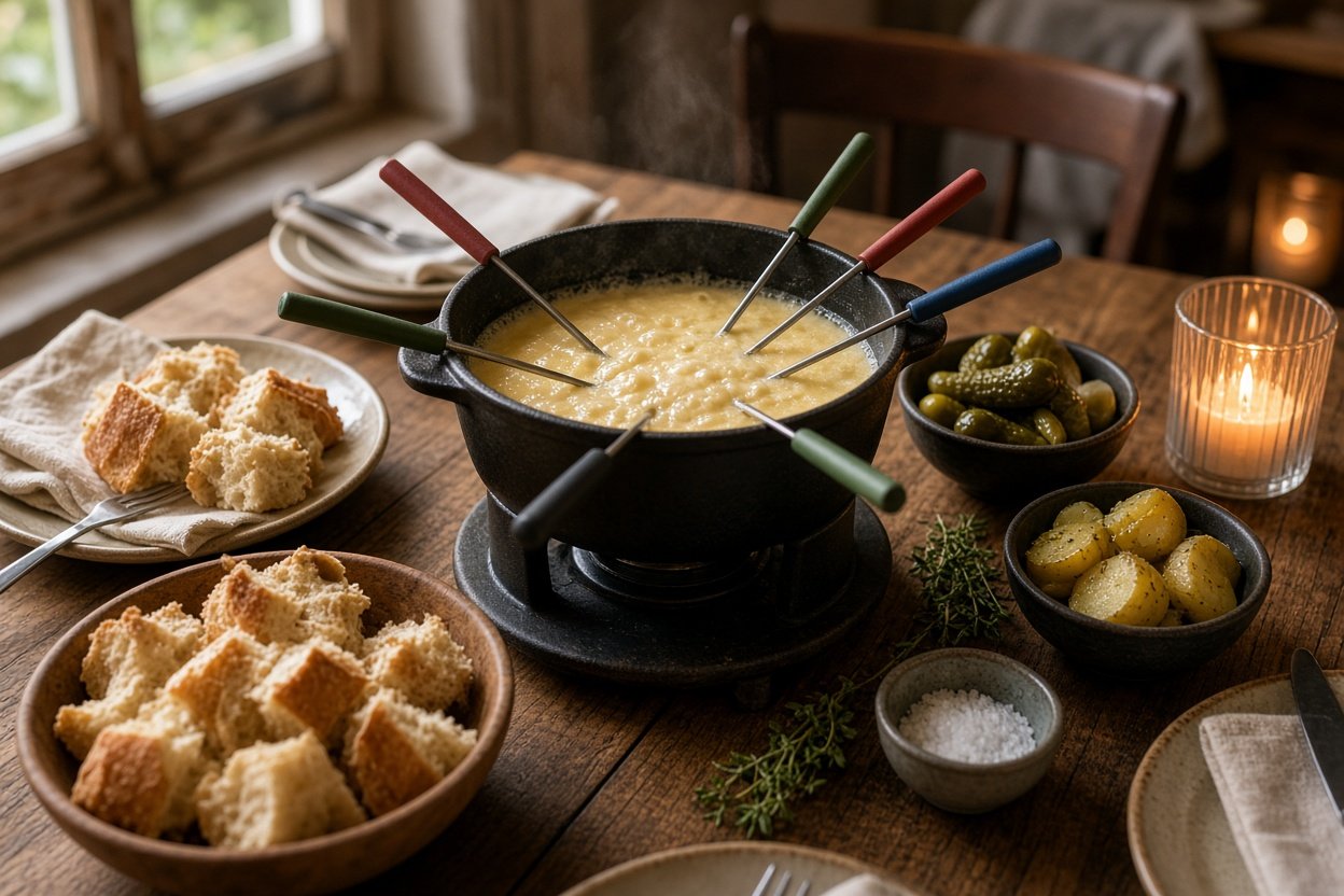 Gedeckter Tisch mit Gusseisen-Fondue-Set und schmelzendem Käse für einen gemütlichen Fondue-Abend