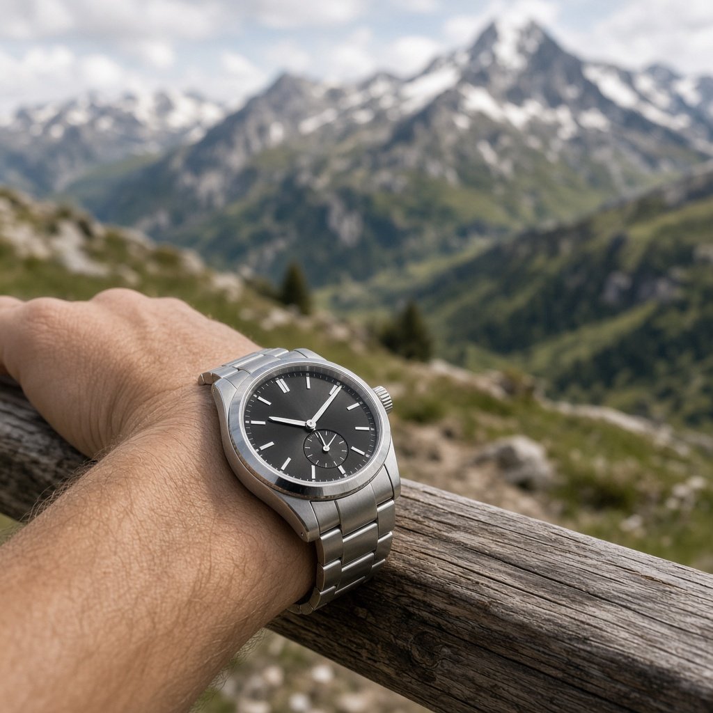 Schweizer Automatikuhr am Handgelenk bei einer Wanderung in den Schweizer Alpen