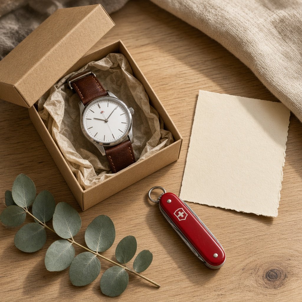 Geschenkbox mit Schweizer Uhr und rotem Taschenmesser auf Holztisch