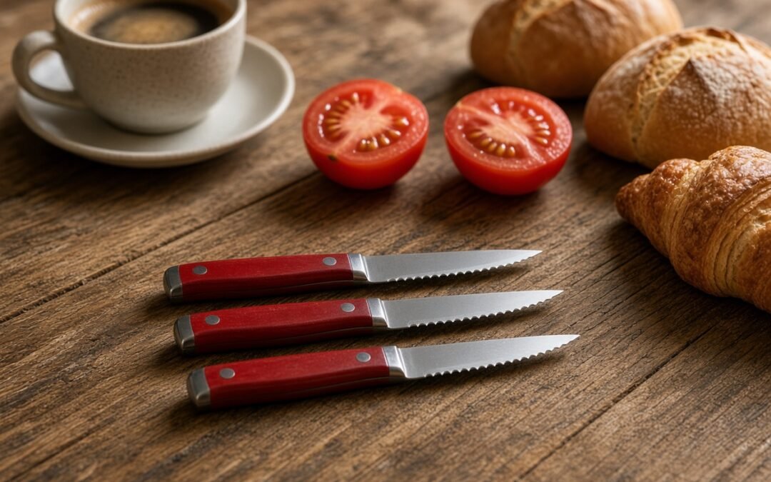 Küchenmesser mit rotem Griff und Wellenschliff auf einem Frühstückstisch mit Brötchen, Tomaten und Croissant