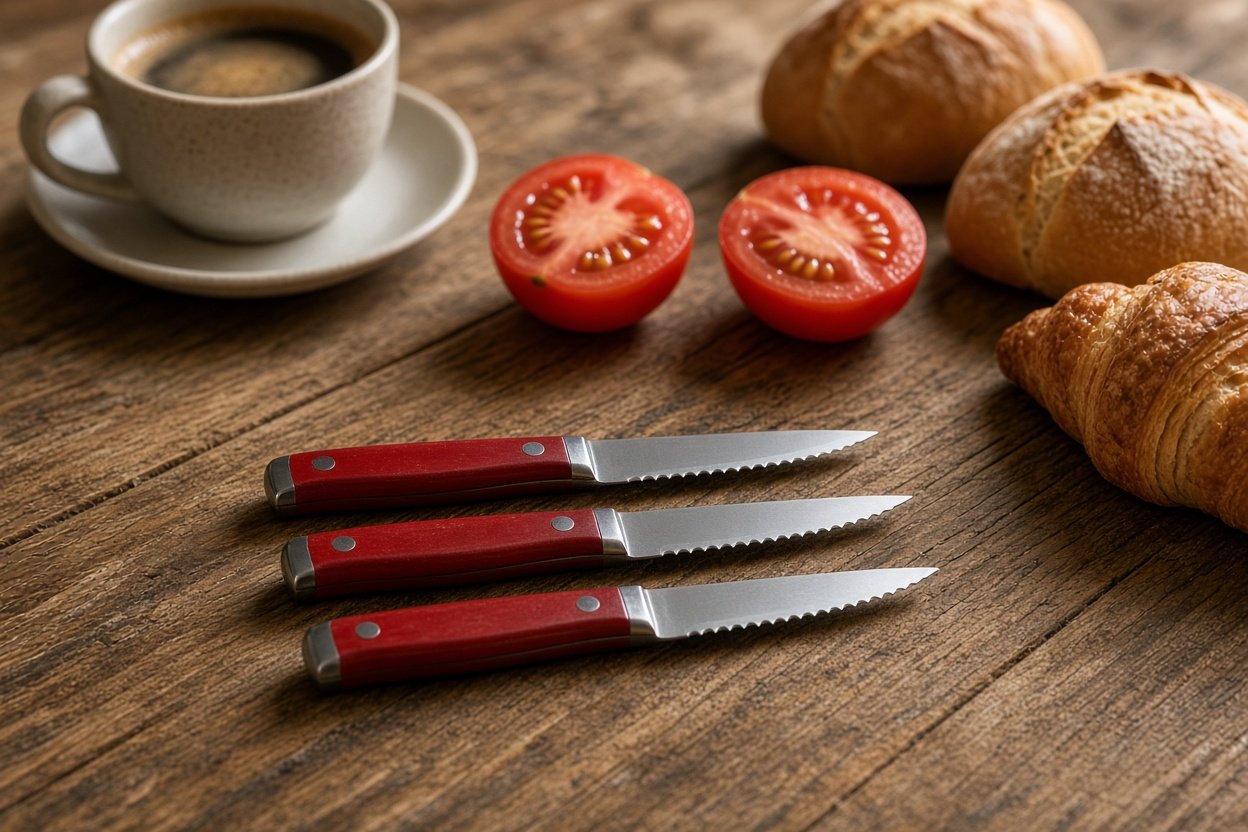 Küchenmesser mit rotem Griff und Wellenschliff auf einem Frühstückstisch mit Brötchen, Tomaten und Croissant