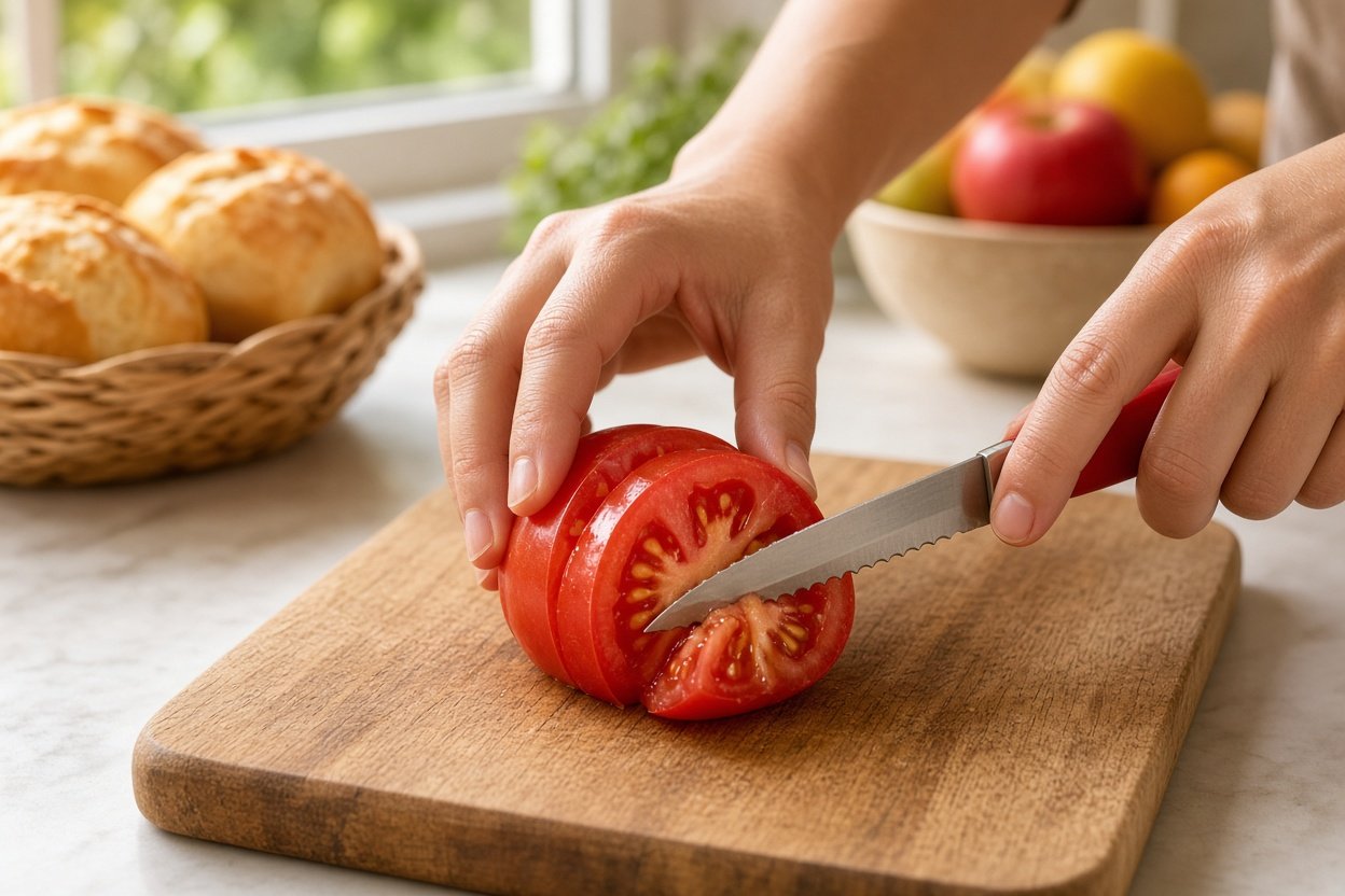 Hände schneiden eine Tomate mit einem kleinen Wellenschliff-Messer auf einem Holzbrett