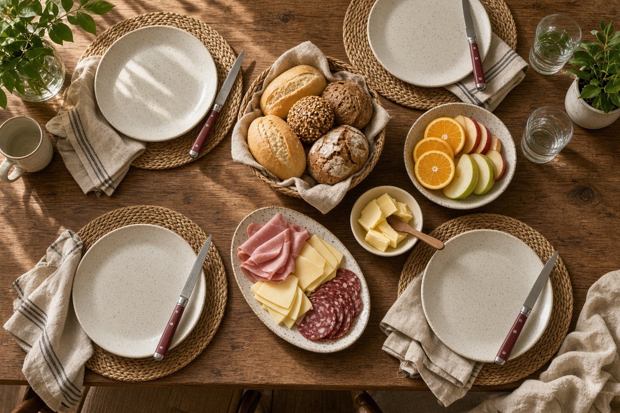 Gedeckter Frühstückstisch für vier Personen mit vier Küchenmessern, Brötchen, Aufschnitt und Obst