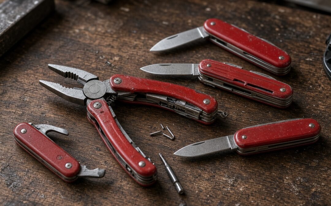 Rotes Swiss Tool Multitool mit Zange neben klassischen Taschenmessern auf einer Werkbank
