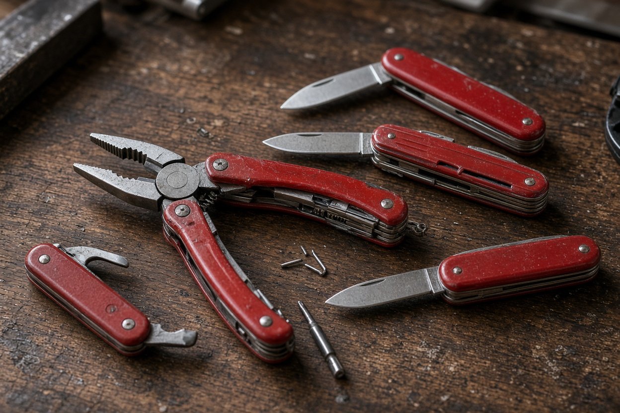 Rotes Swiss Tool Multitool mit Zange neben klassischen Taschenmessern auf einer Werkbank