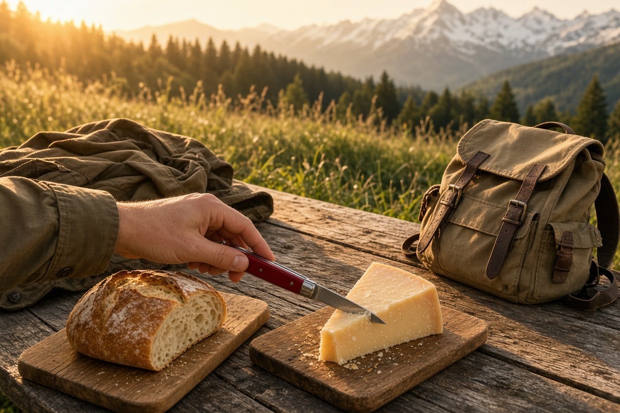 Klassisches Taschenmesser beim Picknick auf einem Holztisch in den Bergen