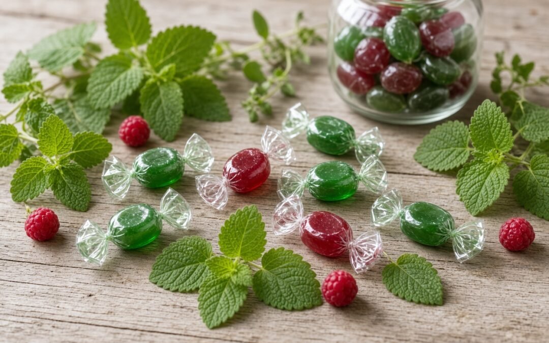 Schweizer Kräuterbonbons mit frischen Kräutern und Himbeeren auf einem Holztisch