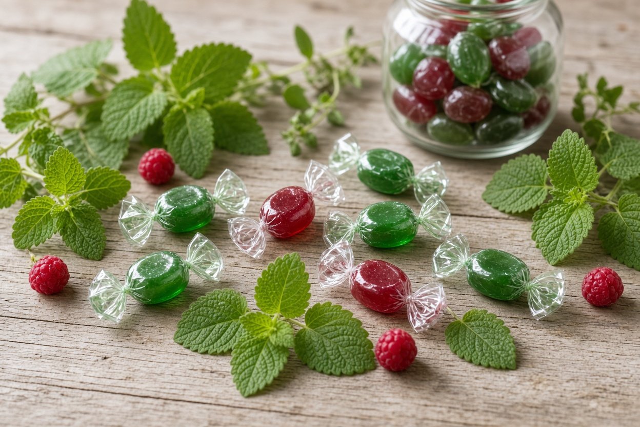 Schweizer Kräuterbonbons mit frischen Kräutern und Himbeeren auf einem Holztisch
