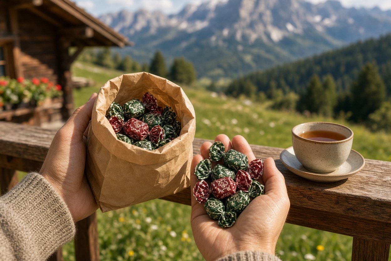 Hände halten Beutel mit Schweizer Kräuterbonbons auf einem Balkon mit Bergblick