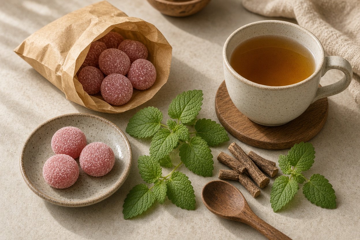 Kräuterbonbons mit Melisse, Himbeere und Lakritz auf einer Küchenarbeitsplatte