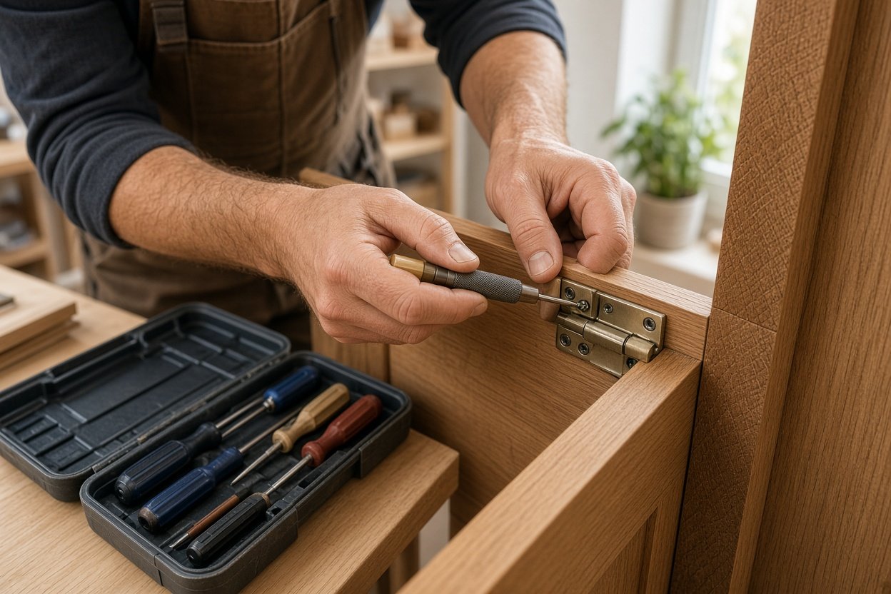 Handwerker schraubt mit einem Präzisionsschraubendreher ein Scharnier an einem Holzschrank fest