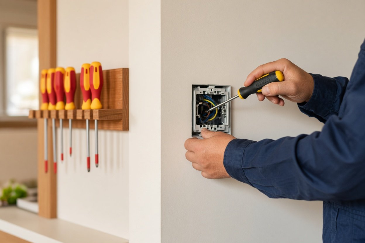 Elektriker arbeitet mit isoliertem VDE-Schraubendreher an einer Steckdose, im Hintergrund ein Werkzeug-Wandhalter